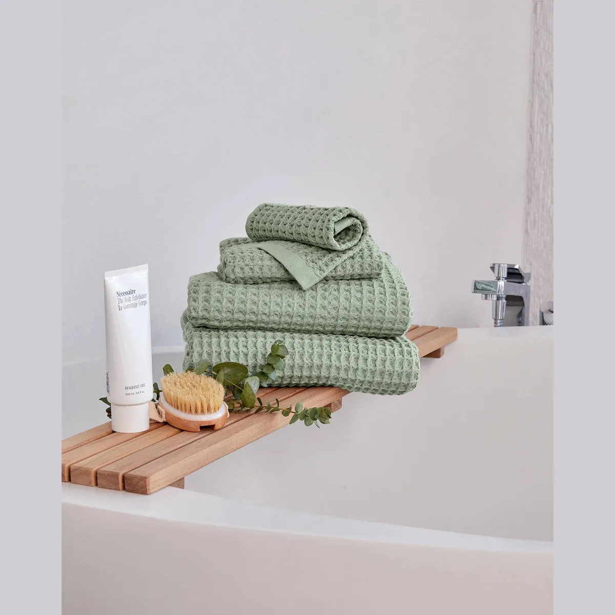 Salbeigrünes Onsen Waffeltuch-Set aus drei Teilen